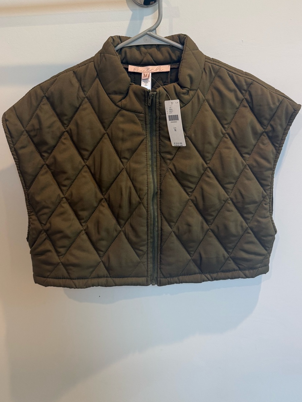 Anthropologie Olive Green Cropped Quilted Sleeveless Zip Vest